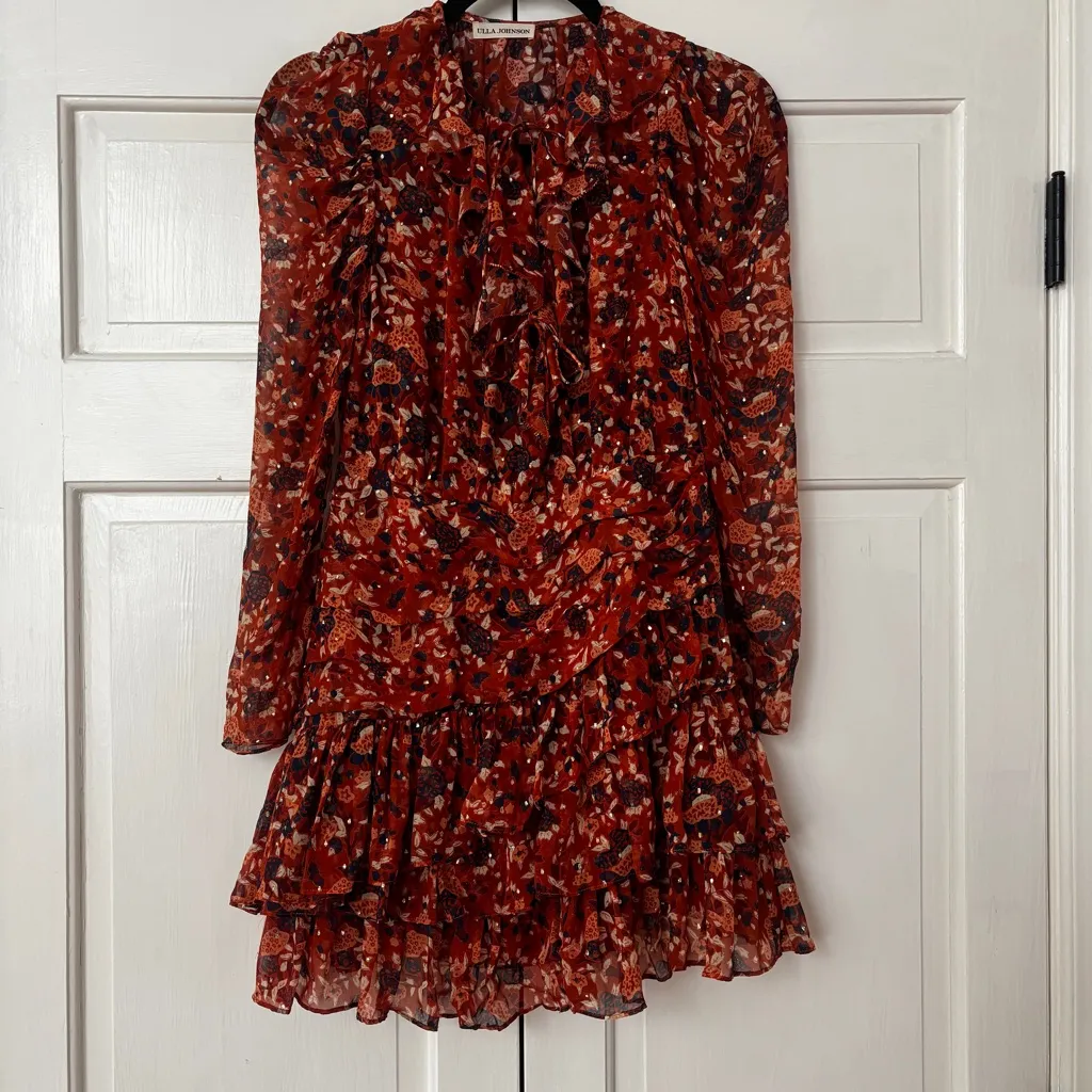 Ulla Johnson Cecily Mini Dress Poppy Rust Orange Size 2 XS Metallic Ruffle Silk - Image 5