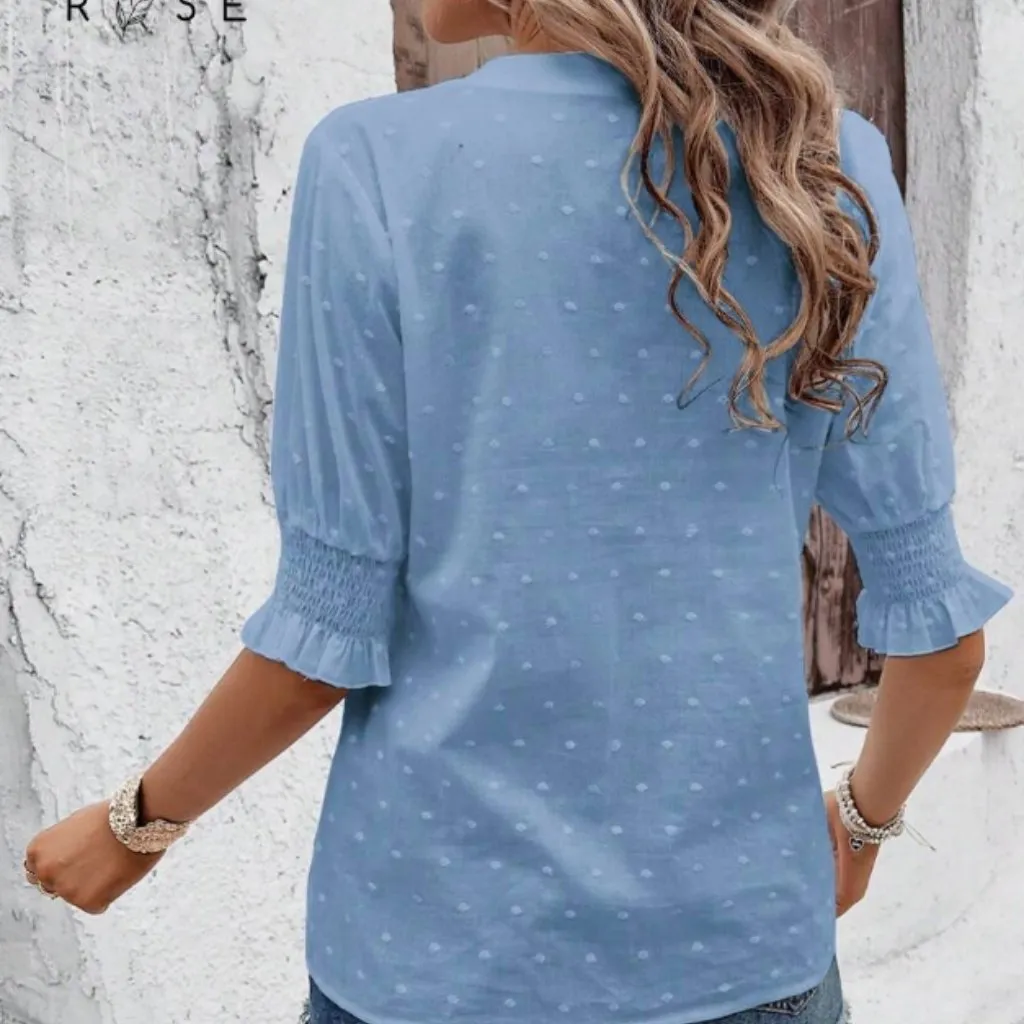 EMERY ROSE Women's Notched Collar Bubble Sleeve Schiffy Shirt Large Eyelet Blue - Image 2