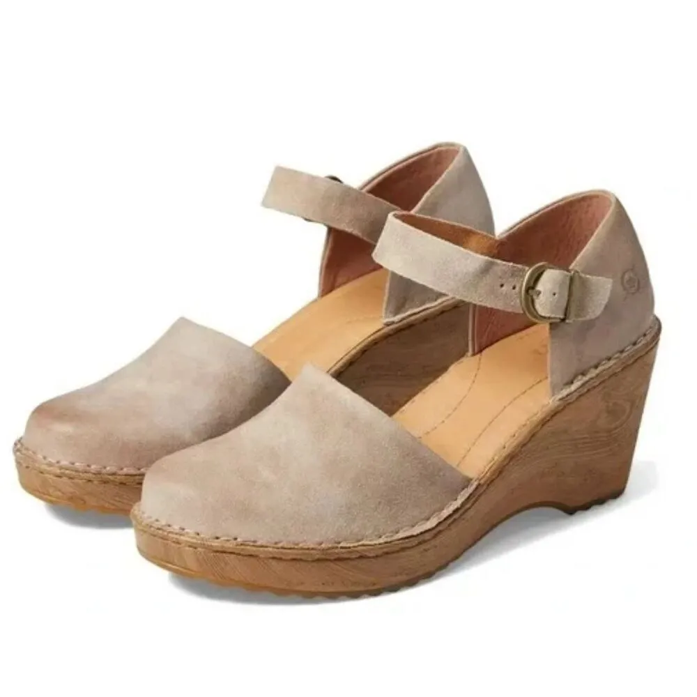 Born Leather Clogs Size 11 Suede Upper Taupe Wedge Heel Cushioned Footbed Tan - Image 10