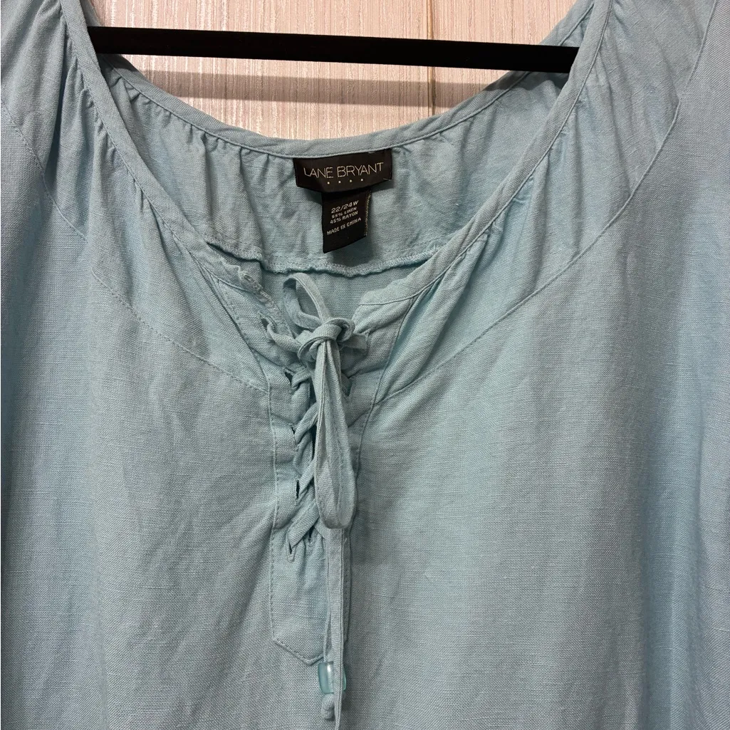 Lane Bryant Plus 22/24W Linen Rayon Peasant Blouse Top Seafoam Aqua Tie Neck - Image 4