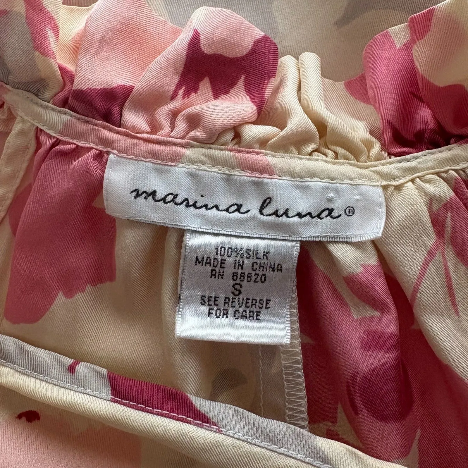 Marina Luna 100% Silk Halter Blouse Yellow Pink Floral Ruffle Neck‎ Size Small - Image 4