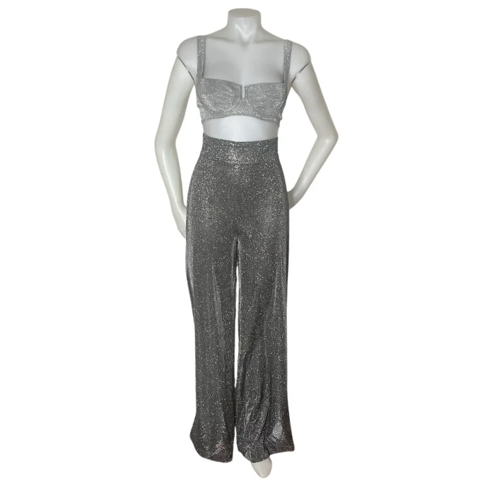 HOUSE OF CB Margarita Pants Sparkly Wide Leg Grey Silver Womens Size Small - Image 4
