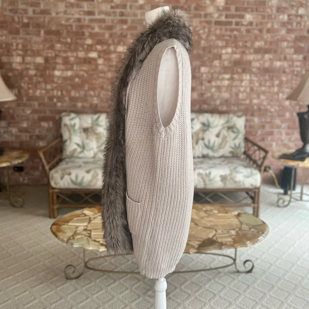 Jessica Simpson Cardigan Faux Fur Trim Knit Duster Open Front Beige XL Chic Vest - Image 6