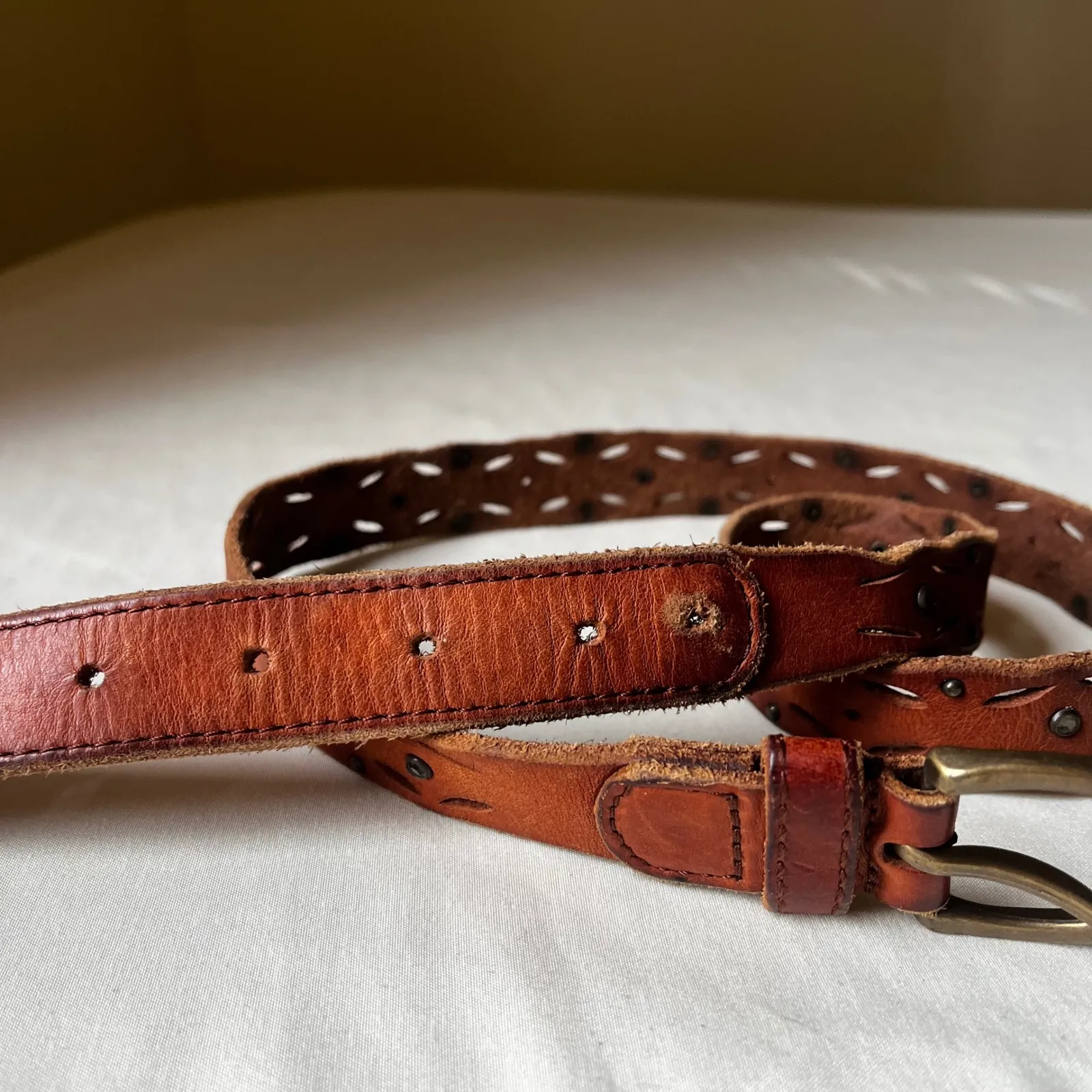 Y2K Abercrombie & Fitch Brown Leather Cutout Studded Belt Moose Stamp Size‎ M - Image 5