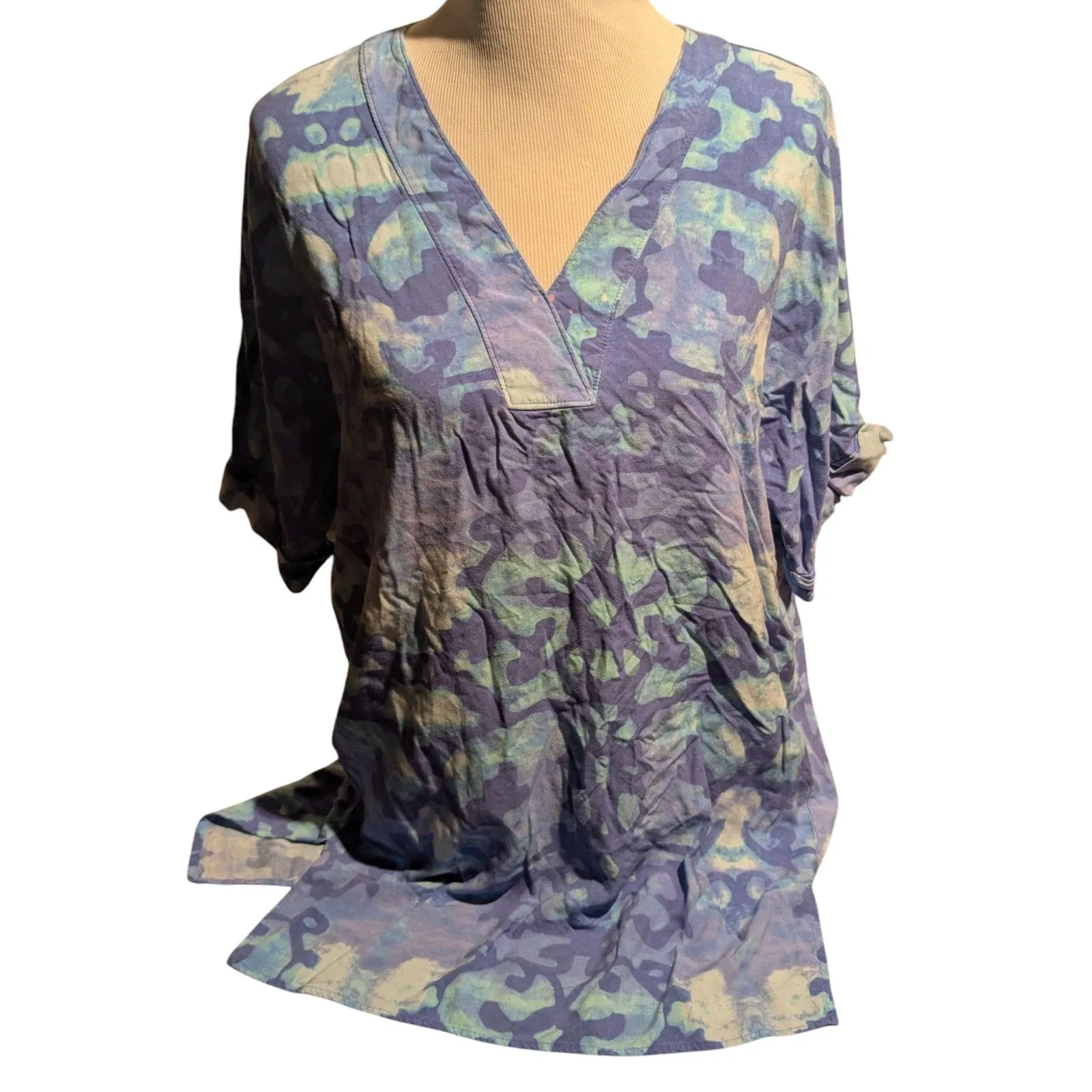 NATORI M Rayon Tunic Top Blue Abstract Print 3/4 Sleeve Resort Loungewear Size M - Image 2