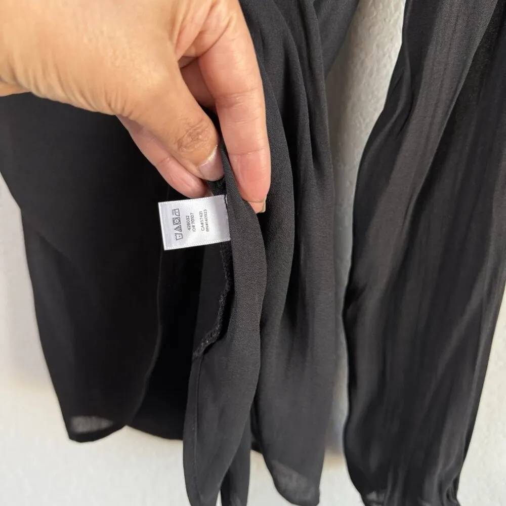 Loft Women's Small Sheer Long Sleeve Smocked‎ Tie Neck Blouse Black Casual - Image 6