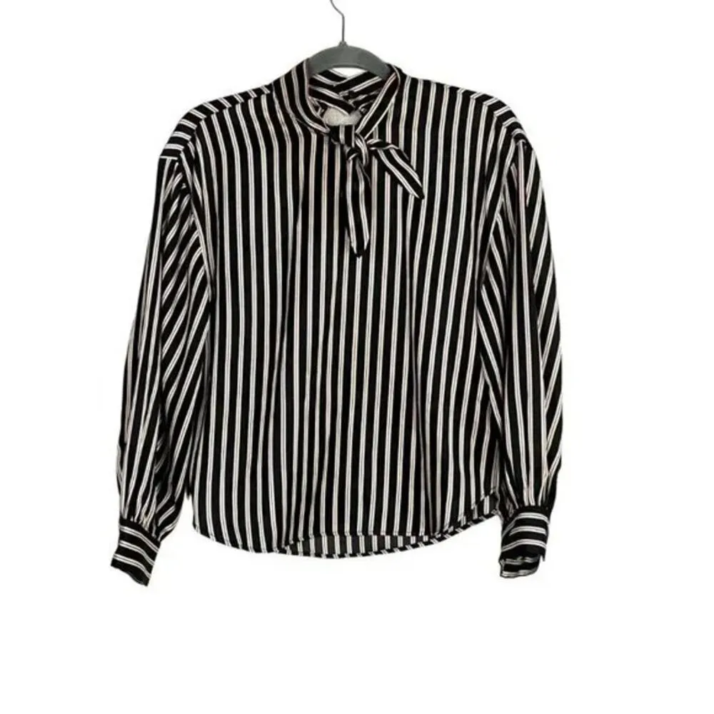 Zara Long Sleeve Professional Stripe Mock Tie Neck Blouse Key Hole Back XS Black - Image 11