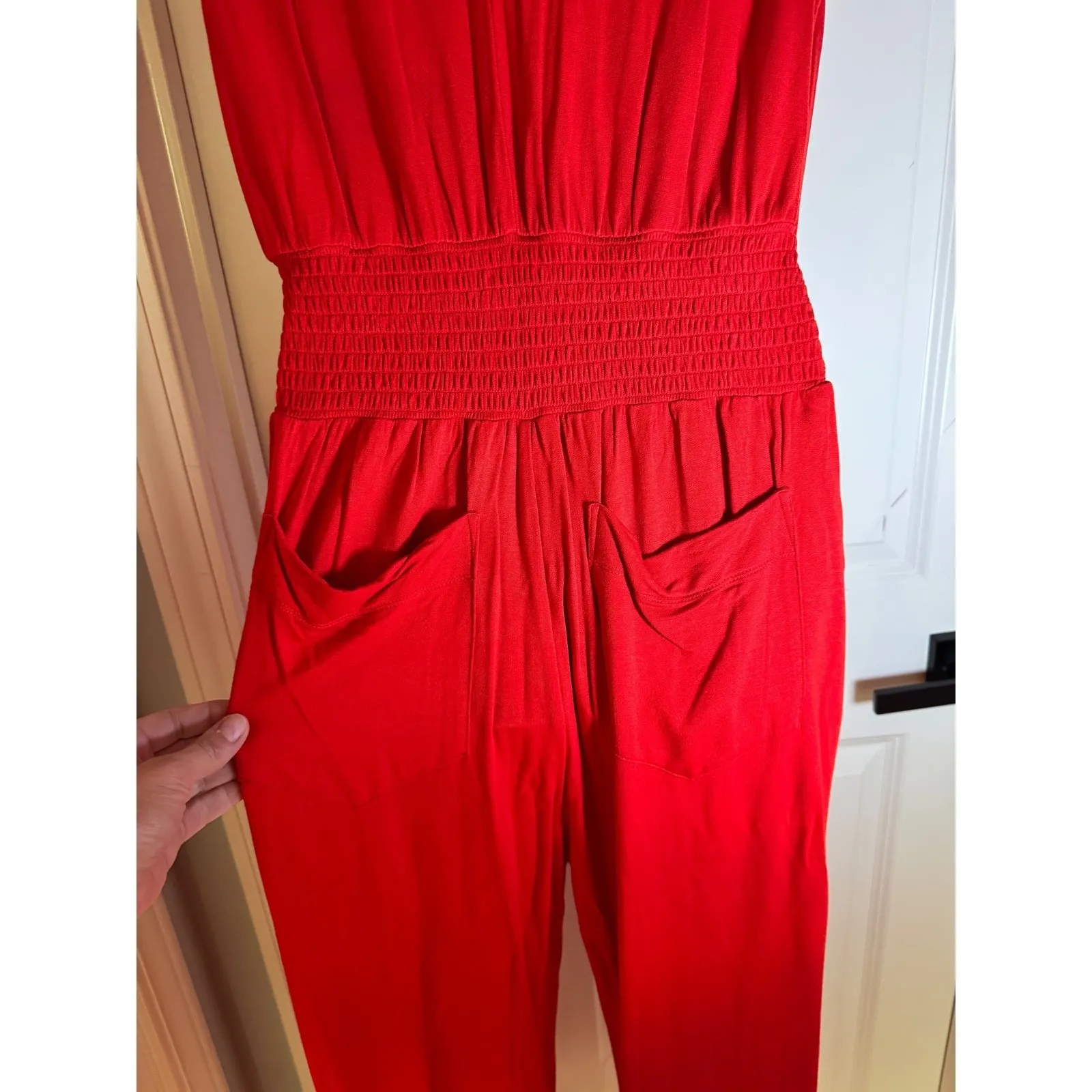 Cabi Red Uptown Jumpsuit, Wide Leg, Smocked Waist, Sleeveless (M) - Image 4