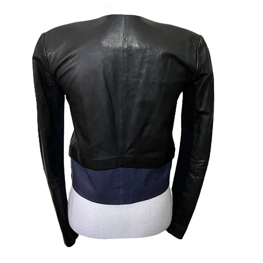 VEDA Women’s Moto Style Jacket Two Tone Black Blue Color Block 100% Leather P/XS - Image 5