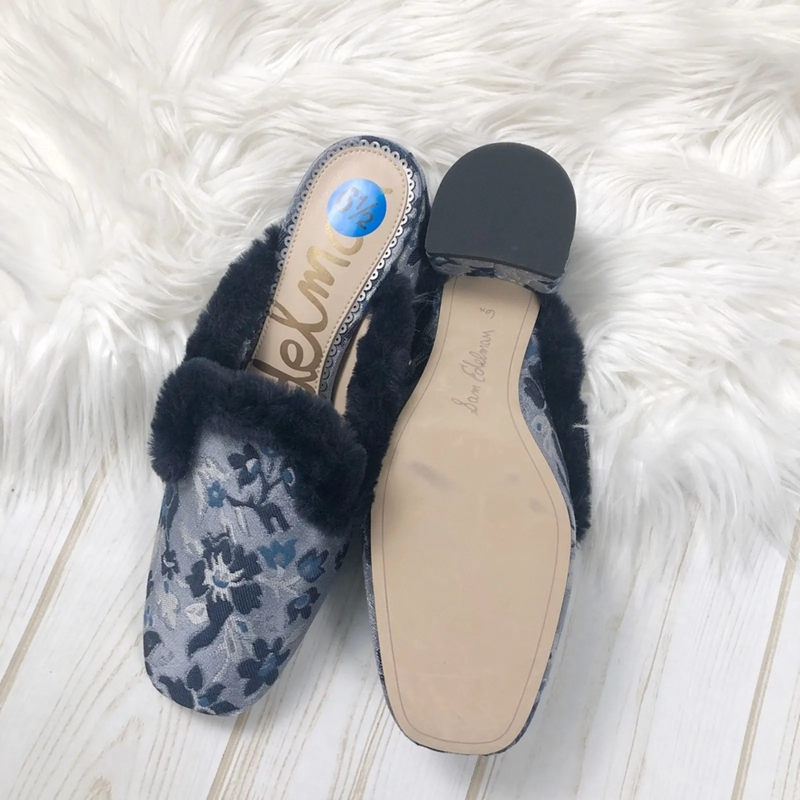 🆕 Sam Edelman Women's Blue Adair 2 Faux Fur Floral Jacquard Mules 6.5 New‎ - Image 4