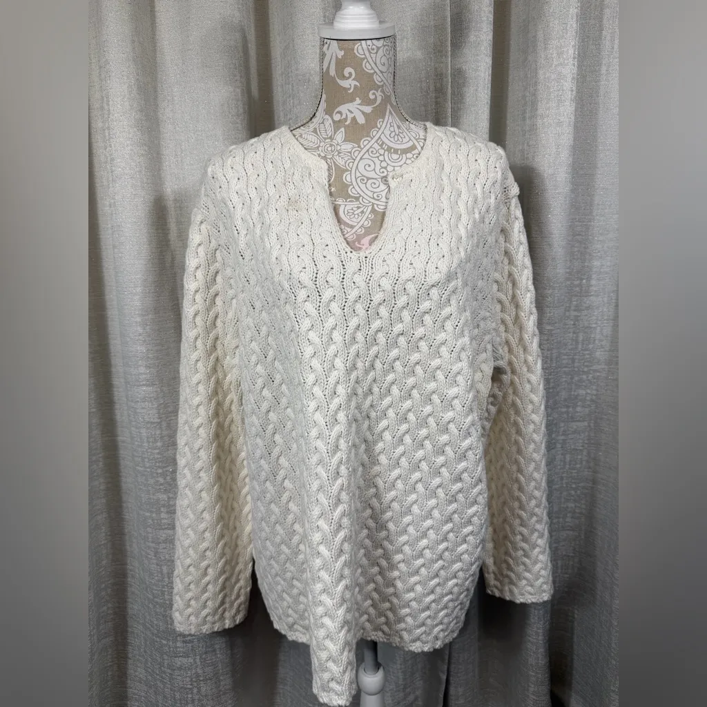 Liz Claiborne Women’s 2X Cable Knit Sweater Cream Ivory V-Neck Cozy Classic - Image 6
