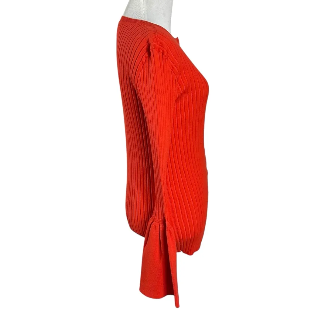 Cabi Hibiscus Trumpet Sleeve Ribbed Cardigan Sweater in Red Orange 5285 Small - Image 8