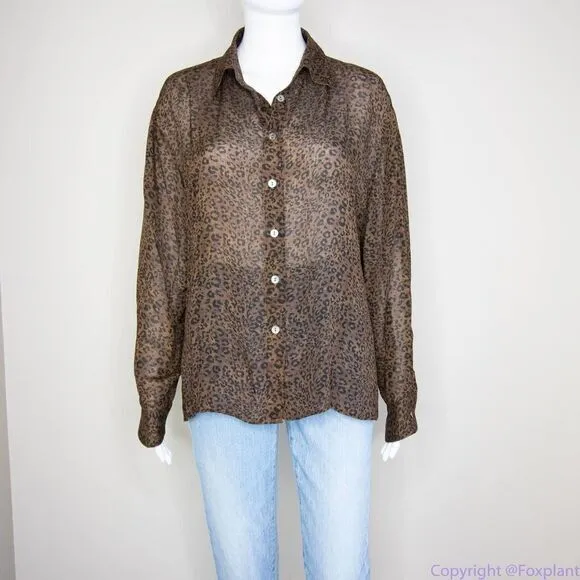Silk Icon Collection 100% silk leopard animal print button down shirt, size L Brown Size L - Image 14
