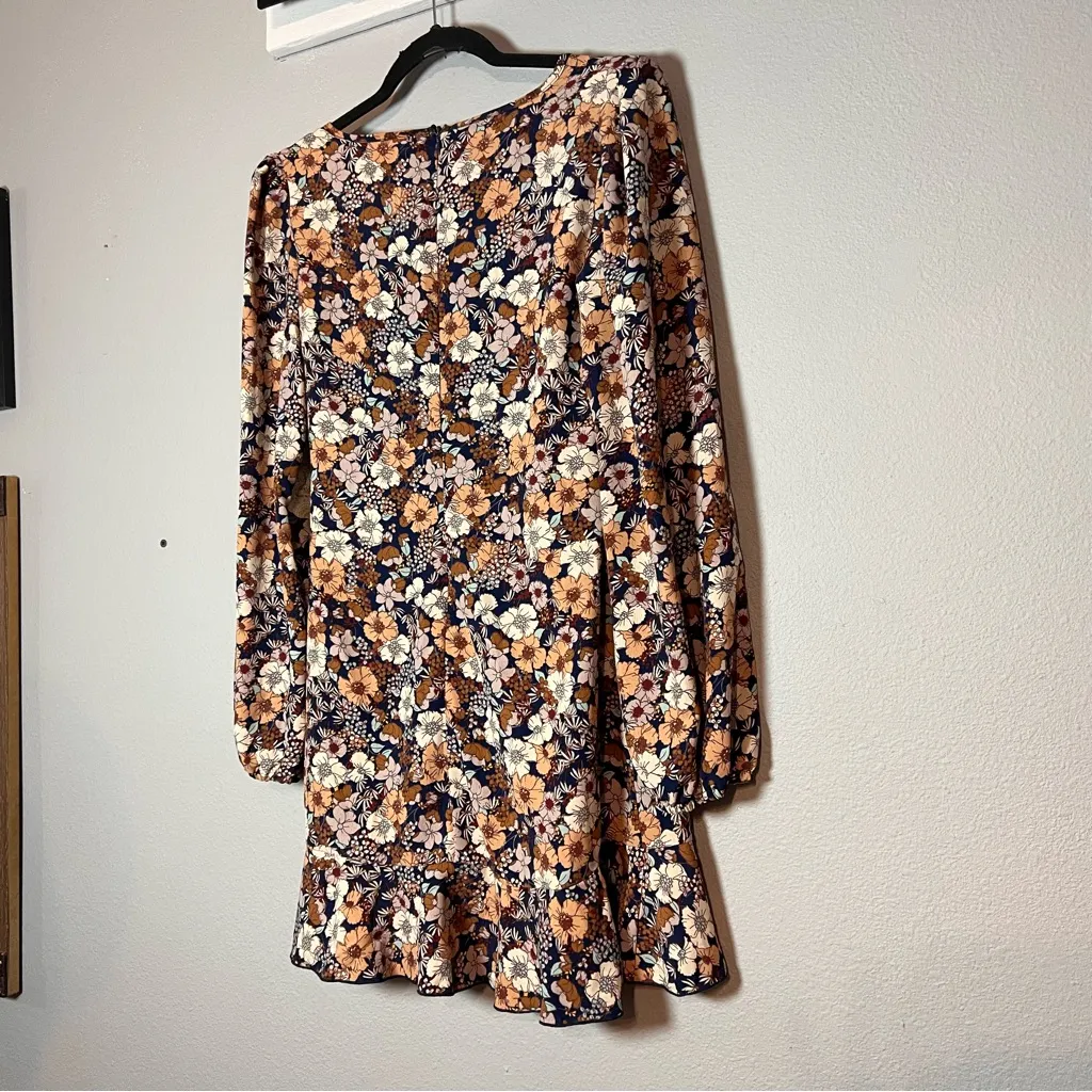 Altar’d State Faux Wrap Mini Dress Floral Brown Orange Long Sleeve Medium NWT - Image 5