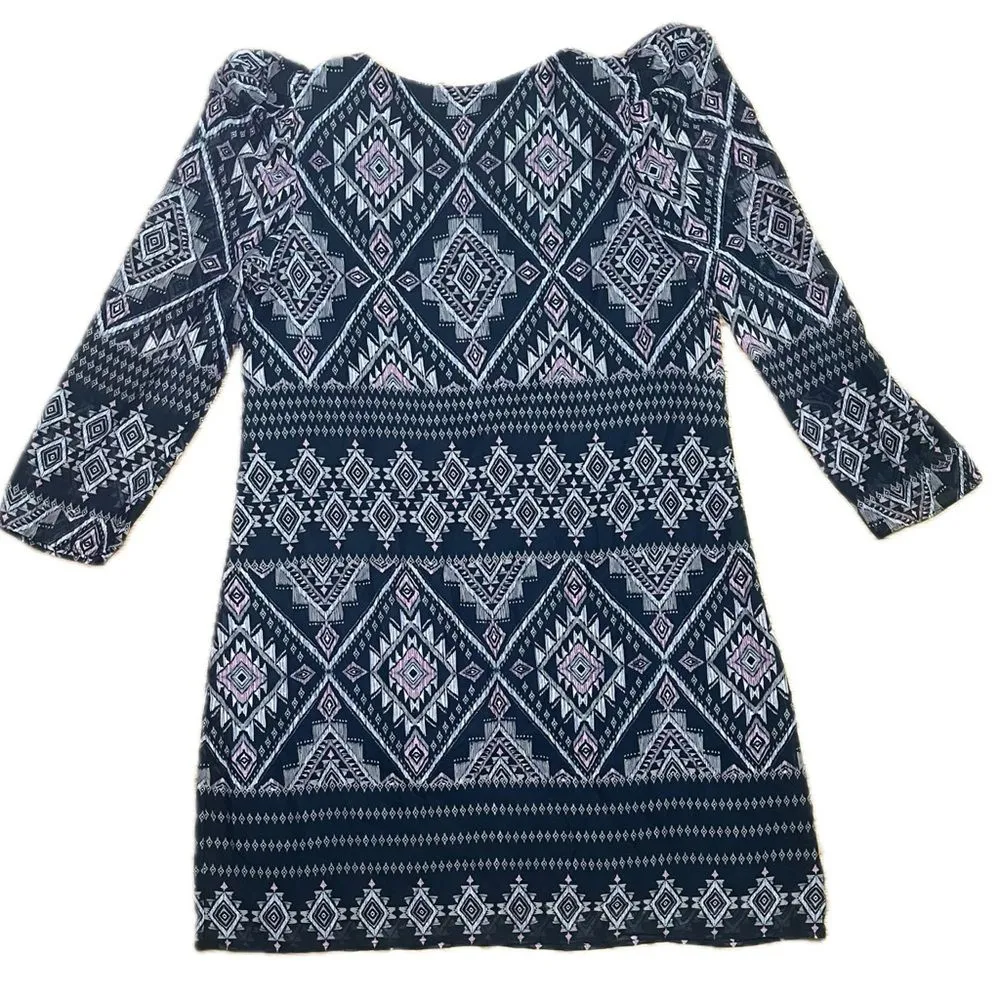 Vince Camuto Sheer Sleeve Geo Print Split Tie Neck Midi Dress Black Tan Sz 12 - Image 3