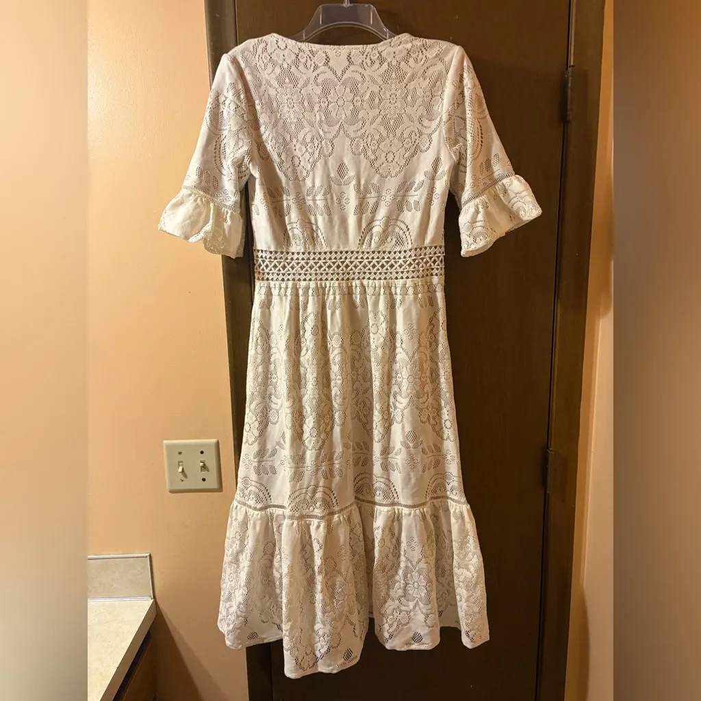 Ivy City Co. Monroe Lace Button Down Midi Dress in White - Image 6