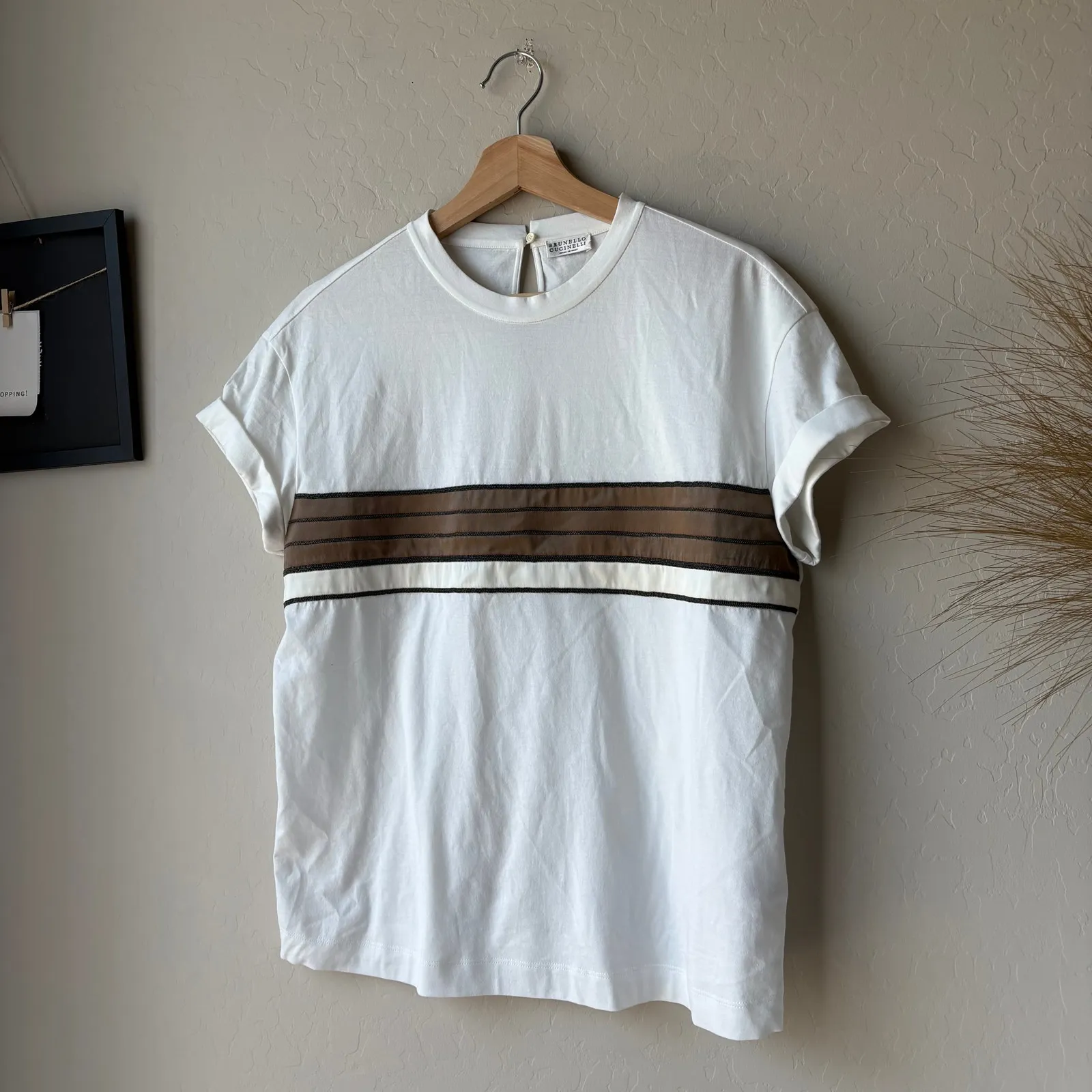 Brunello Cucinelli White Stripe Patterned Crewneck Short Sleeve T-Shirt Size M - Image 3