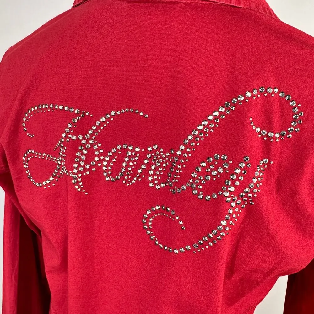 Harley-Davidson Red Zip Up Rhinestone Bling Shirt Size Small - Image 4