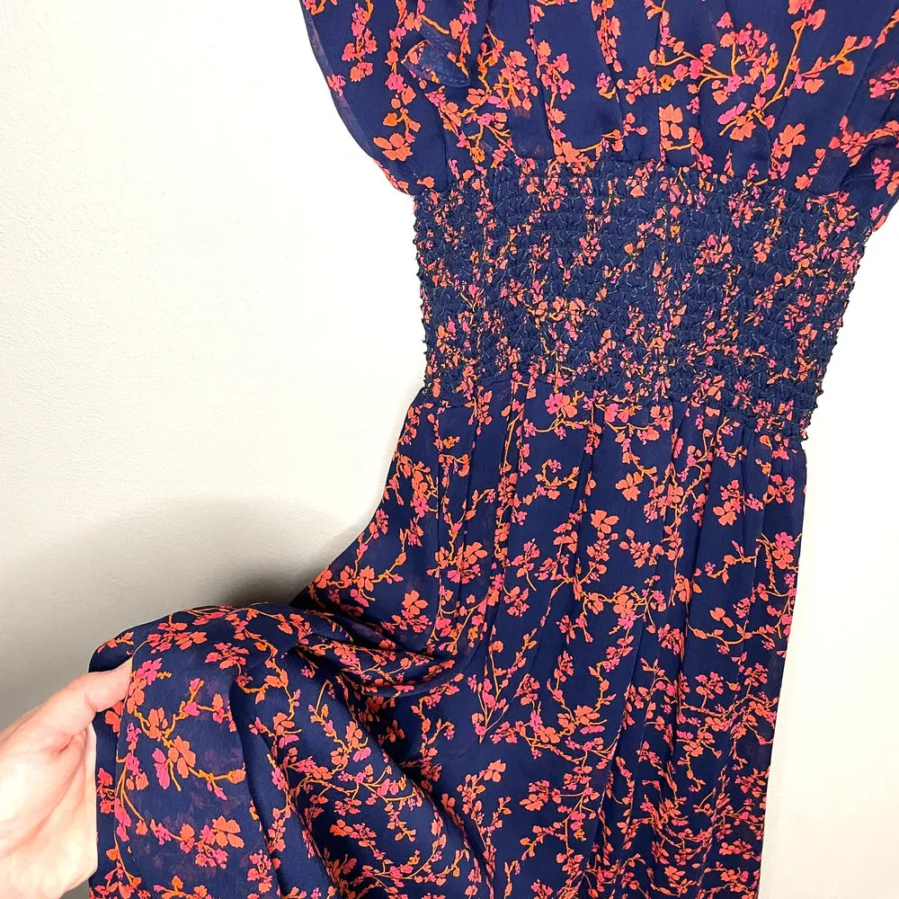 Slate & Willow Navy Smocked Waist Red Orange Printed Florals Dress Size XS - Image 7