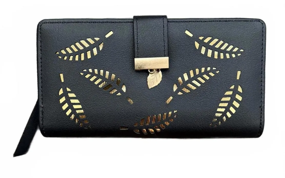 New Women's Black Envelope Wallet with Cutout Gold Leaves Bills Coins ID Cards - Image 1