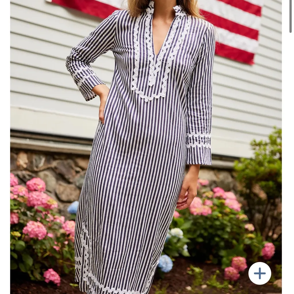Navy & White Stripe Classic Caftan With Ric-Rac - Image 2