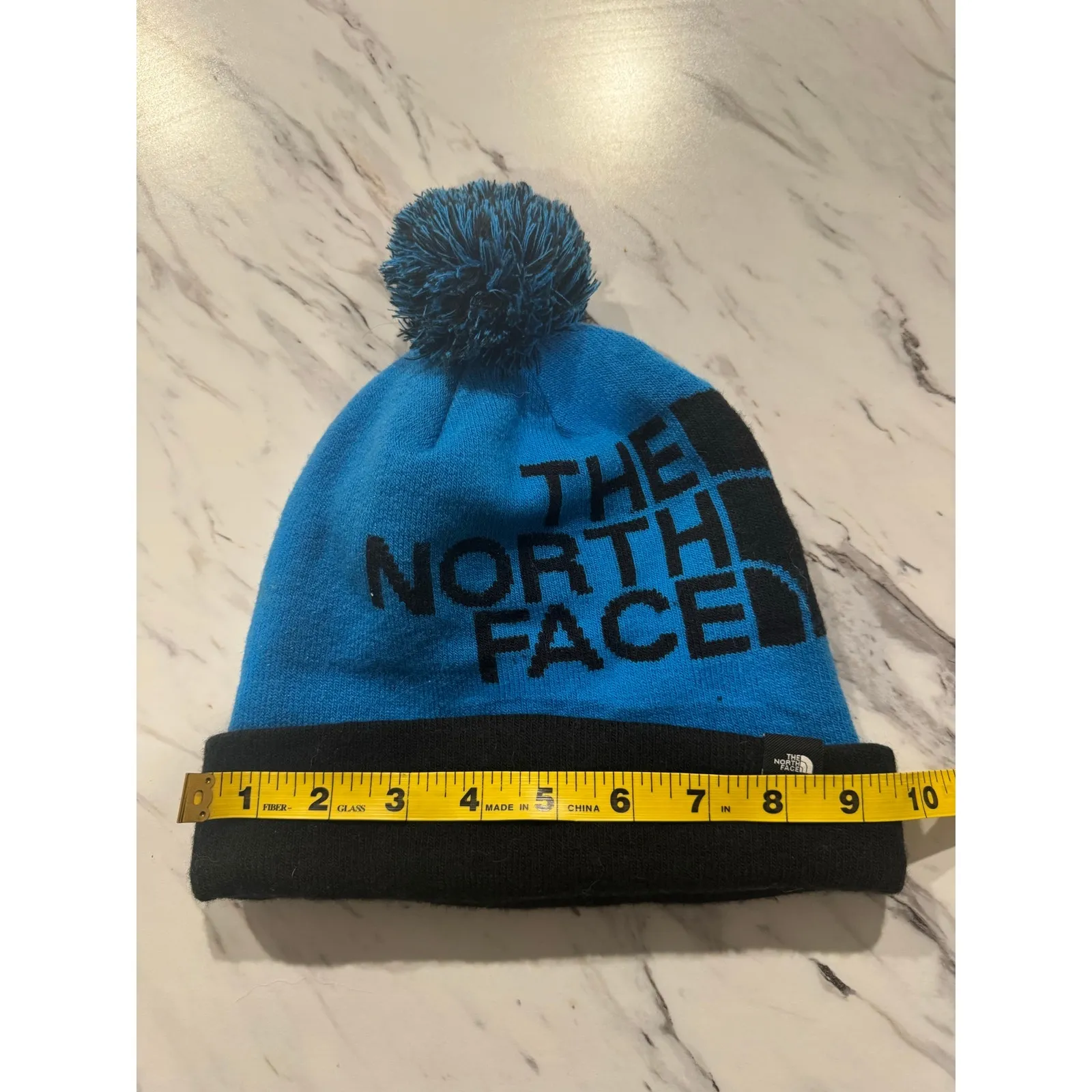 The North Face Pom Beanie Blue Black Logo Cuffed Knit Winter Hat Adult One Size - Image 2