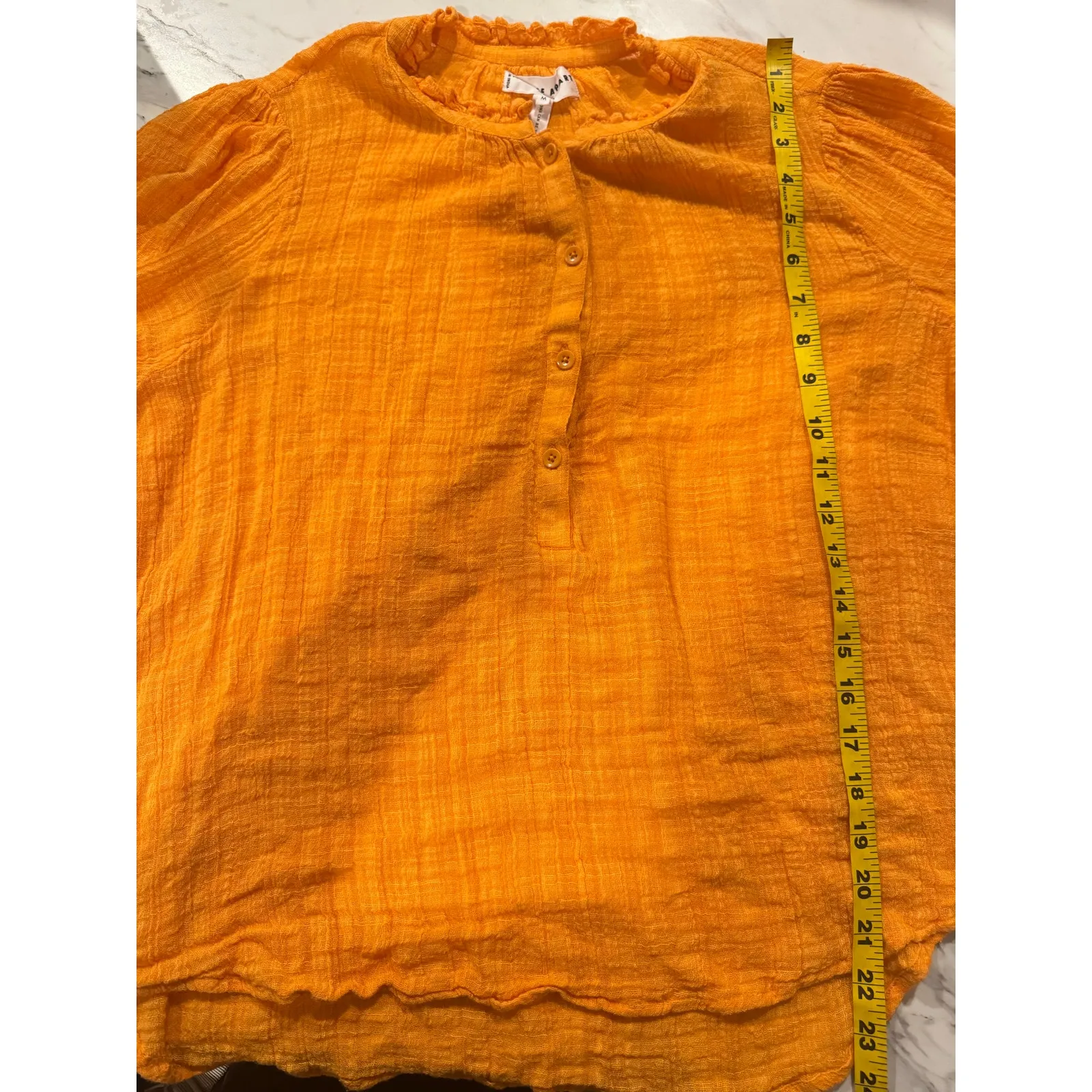 Apiece Apart Women’s Ruffle Neck Blouse Medium Orange Gauzy Organic Cotton - Image 5