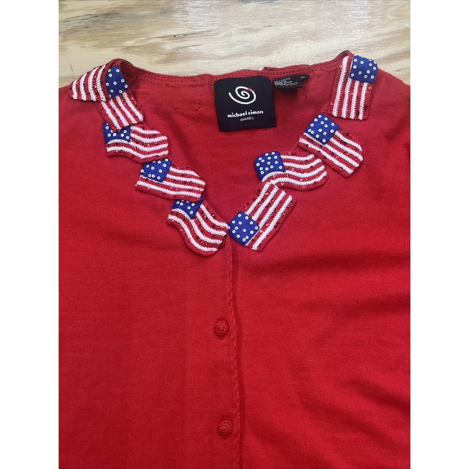 VTG Michael Simon Cardigan American Flag Embroidered Sequin Patriotic Sweater XL Red - Image 2