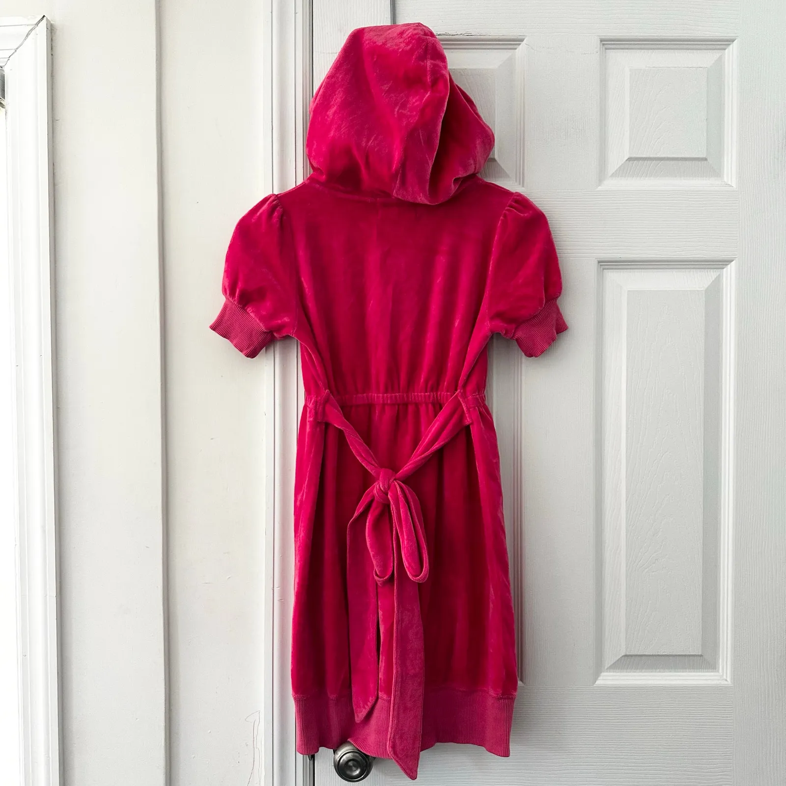 Juicy Couture Bright Pink Y2K Velour Full Zip Tie Back Hooded Mini Dress Jacket - Image 11