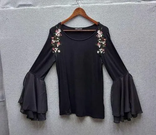 Cable & Gauge Long Sleeve Top top with floral embroidery and bell sheer sleeves - Image 1