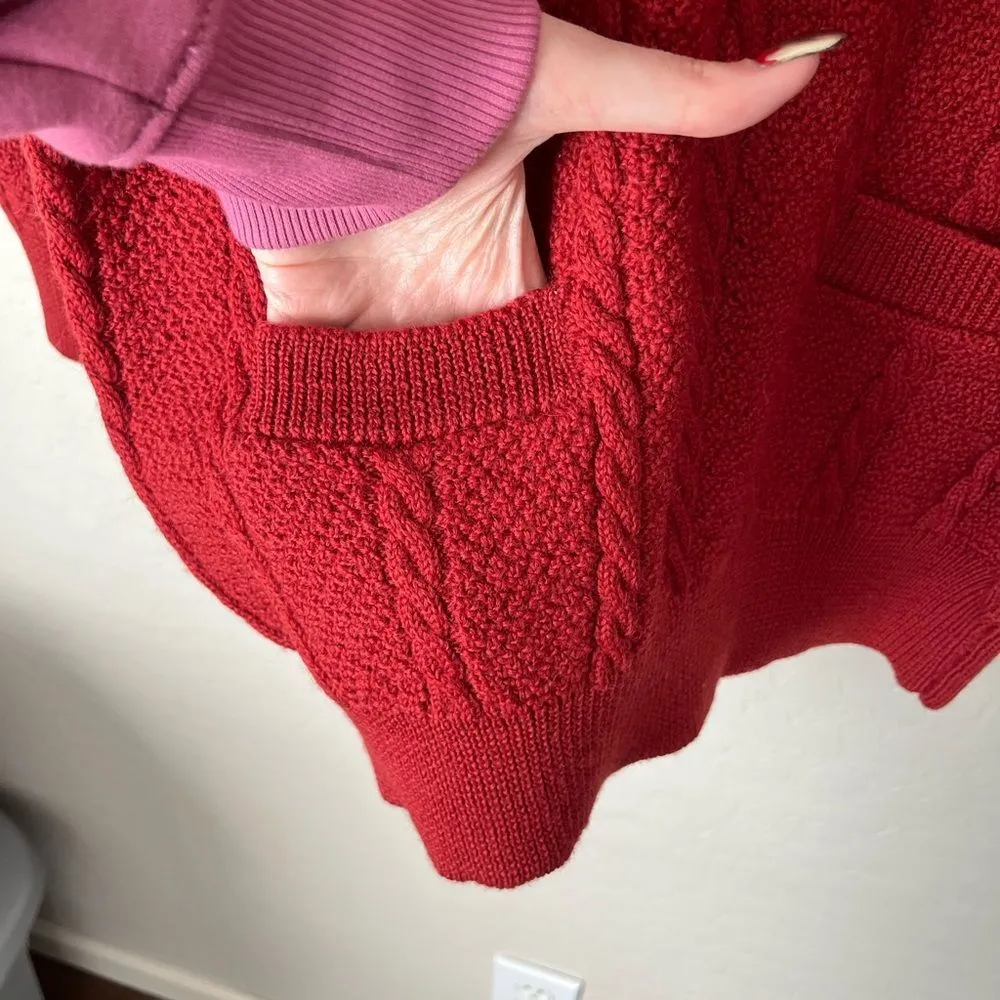 Vintage JH Collectible Western Wool Cable Knit Pocket Crew Neck Sweater Red Med - Image 4