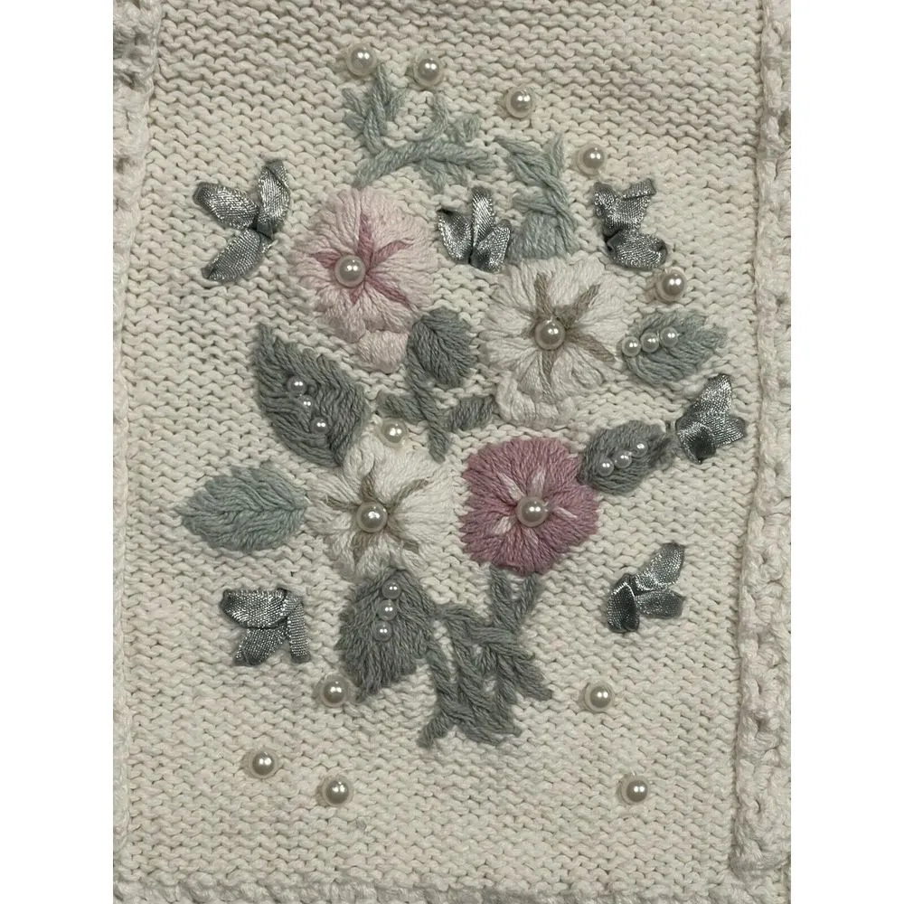 Vintage 90s Dana Scott Sweater Flowers& Roses Patchwork Cream & Pink Size M D204 Size M - Image 7