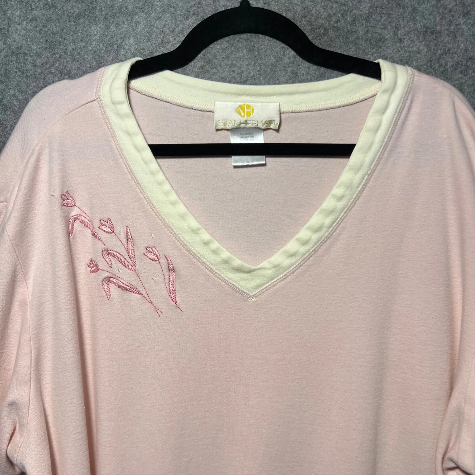 Stan Herman Vintage Pink Sleep Shirt Nightshirt Embroidered V - Image 2