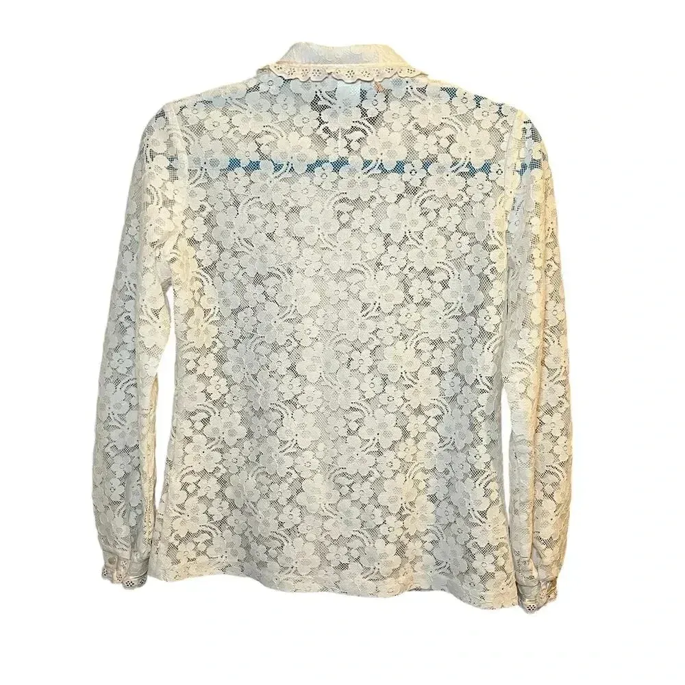 Vintage Sunny South Dallas Lace Blouse 80s Sheer Floral Ruffle Pearl Button Sz 8 - Image 2