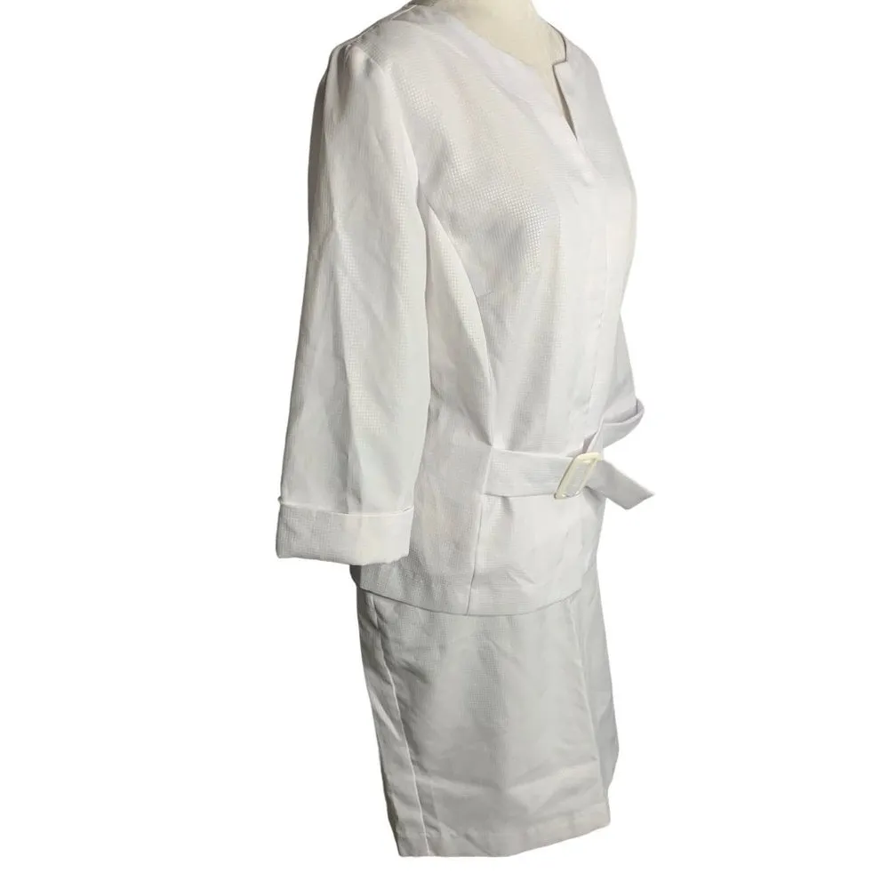 T Milano 2 pc Top Pencil Skirt Set 14 White V Neck Cuffed Sleeve Buttons Zip - Image 3