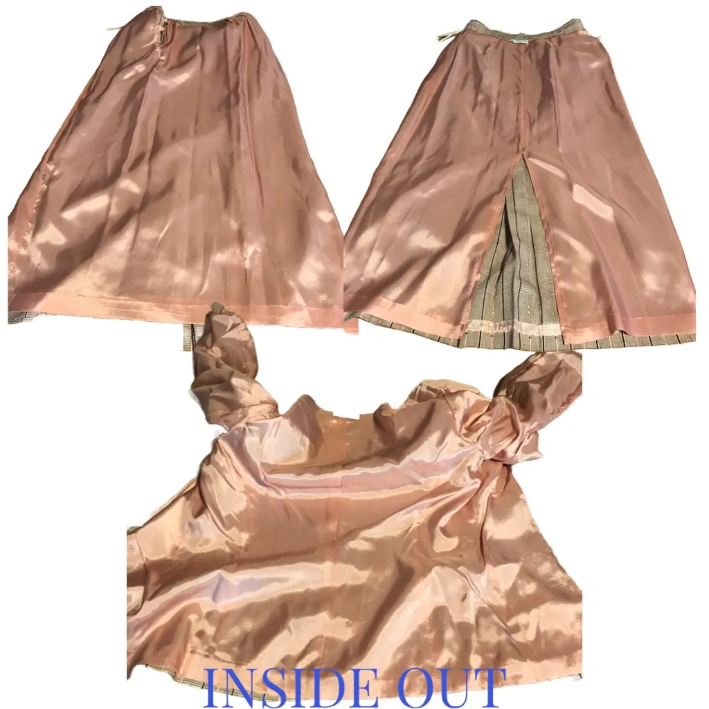 VINTAGE 1970'S HANDMACHER BLUSH & BLACK STRIPED PRINT SKIRT SUIT (8) - Image 9