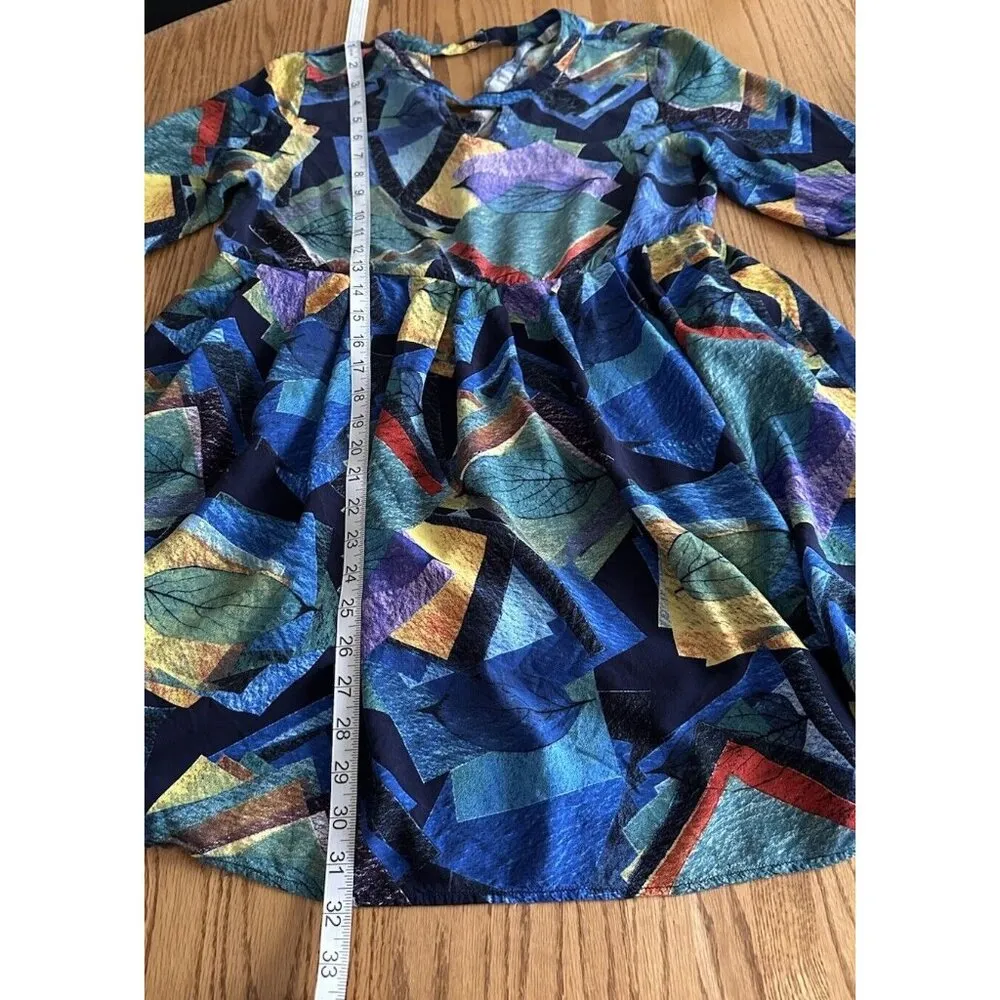 Jodifl Dress Aztec Print Blue Multi-Color Bell Sleeve Cut Out Back Resort Wear M - Image 8