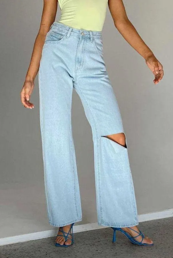 Sevina Light Wash Straight Leg Rip Knee High Rise Jeans 4 - Image 2