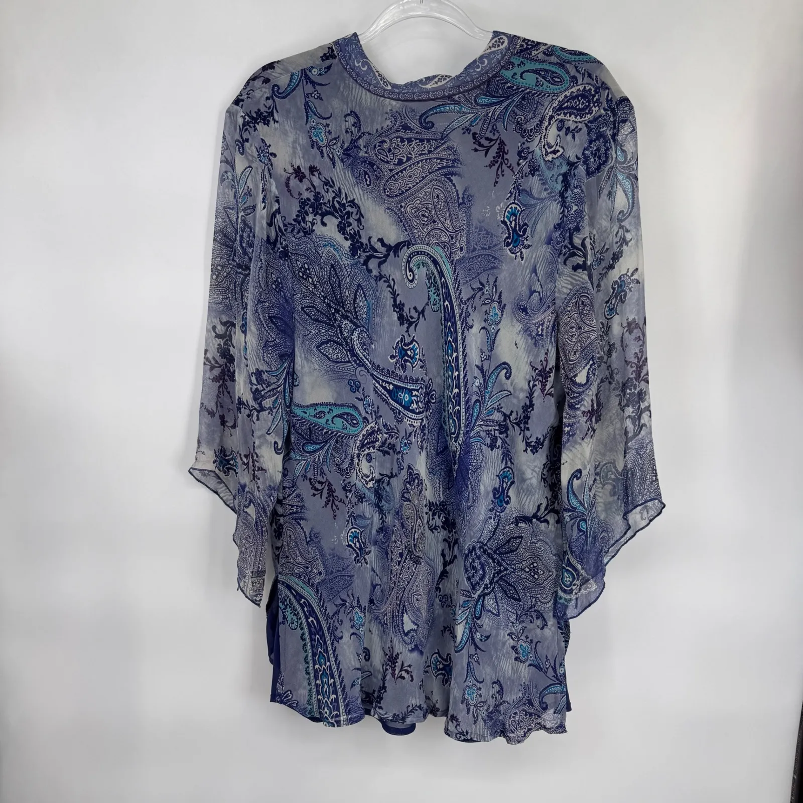 Avenue Paisley Silk Blouse Plus Size 22/24 Blue Whimsigoth Fairy‎ Bell Sleeve - Image 7