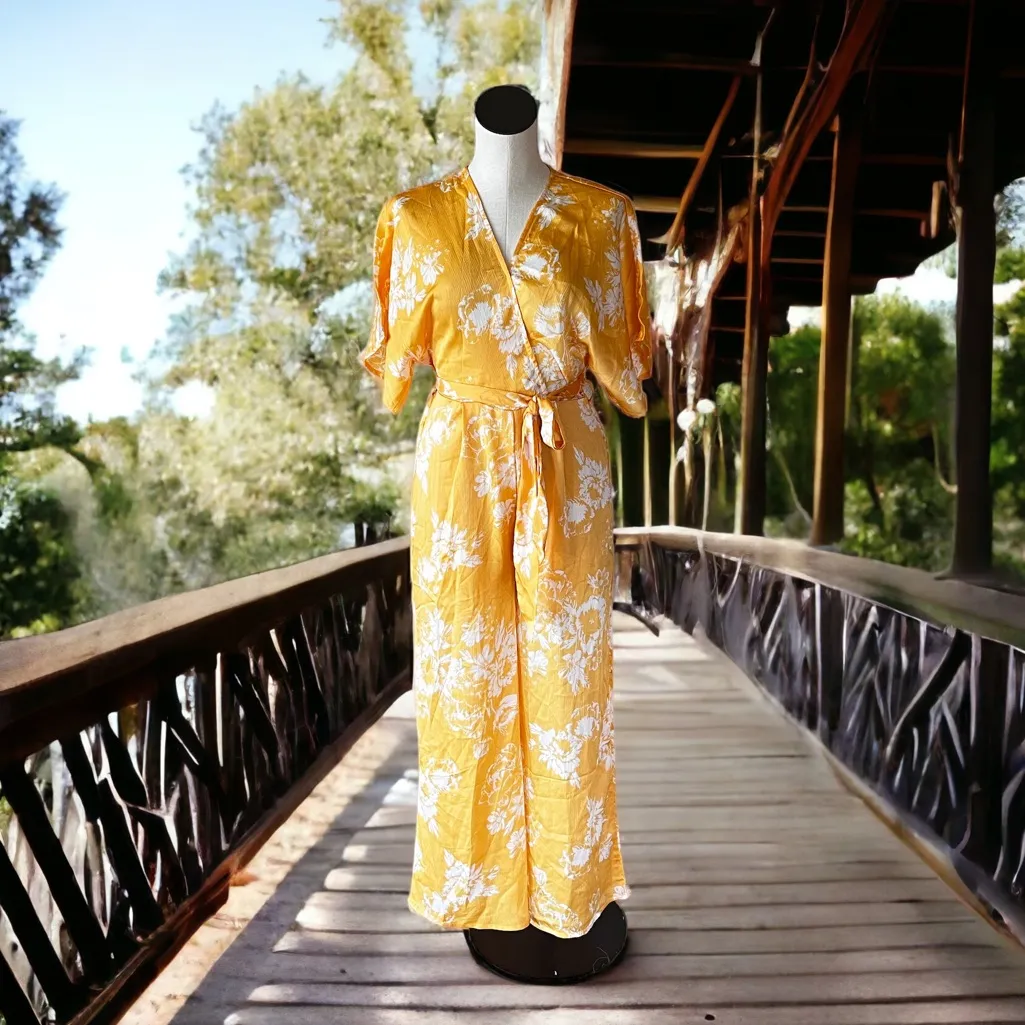 NWT FAVLUX Fashion silky/Chiffon Fabric Yellow Floral Jumpsuit - Image 4