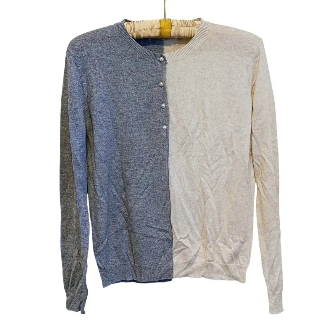 One Grey Day Quiet Luxury Wool Pearl Button Sweater S Two Tone Cream Old Money Gray - Image 2