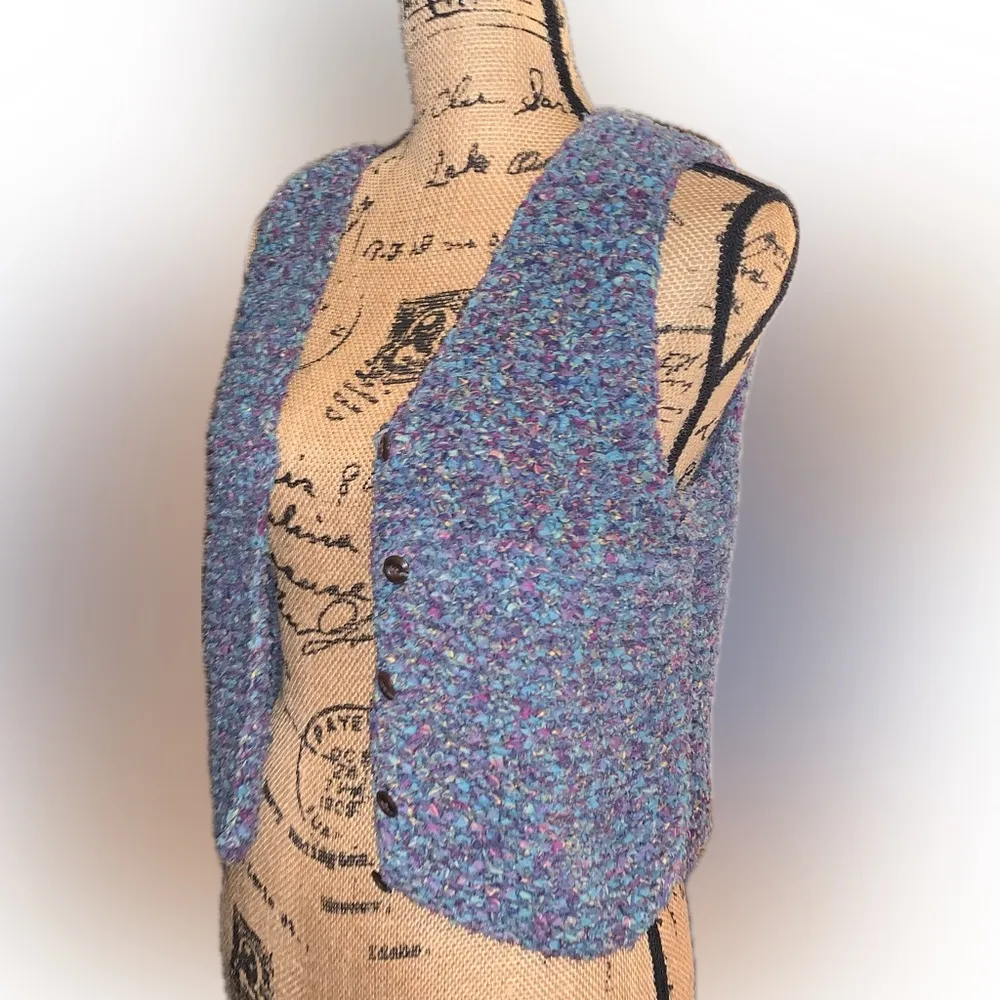 Vintage 90s Rag Knit Colorful Crochet Cotton Cropped Cardigan Sleeveless Vest S Blue - Image 2