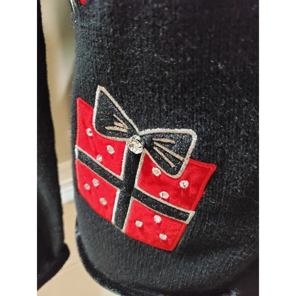 VTG Mandal Bay Christmas Present Houndstooth Rhinestone Sweater S Holiday Party Black - Image 5