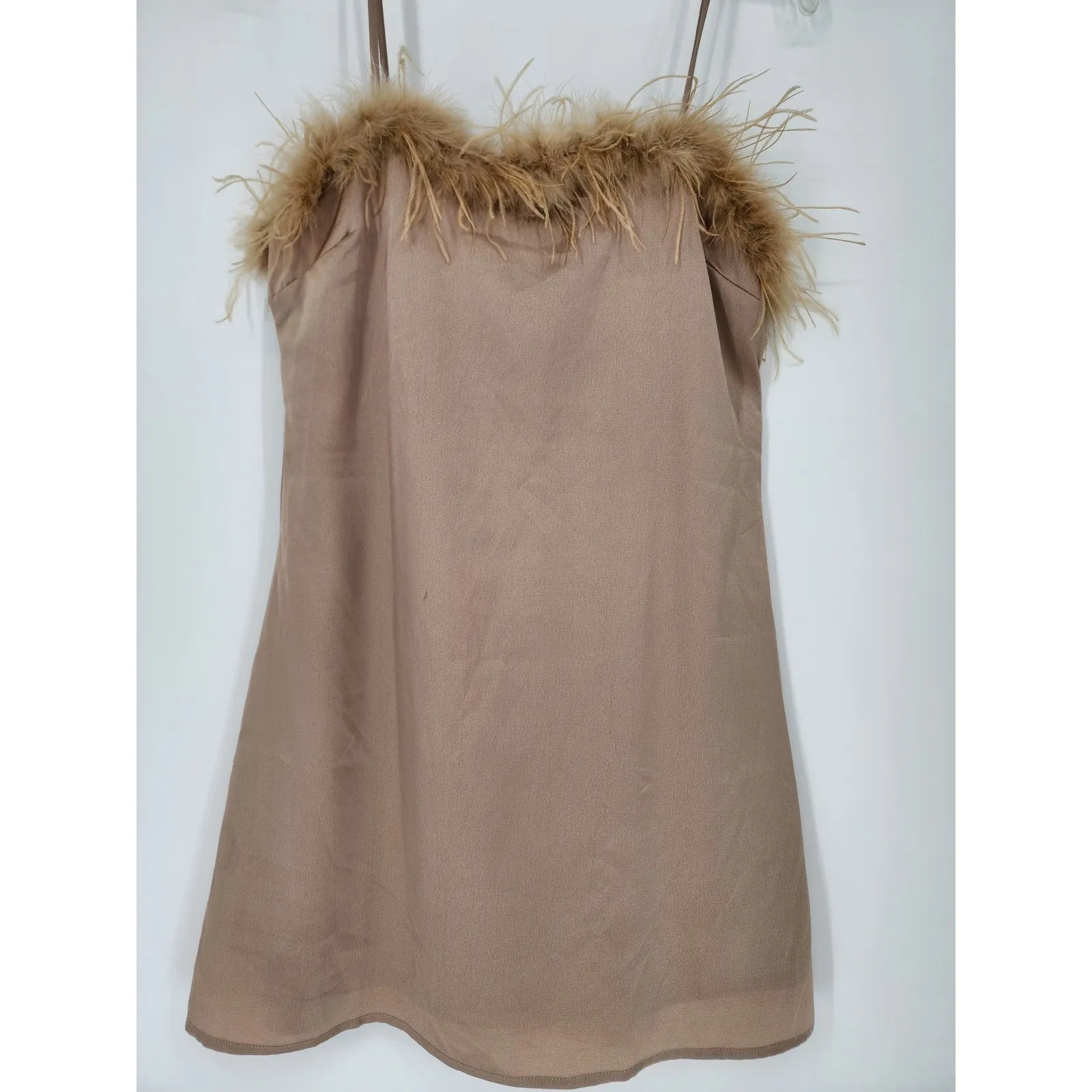 Charmed Hearts Tan Feather Trim Slip Dress Beige Women’s Size: M - Image 4