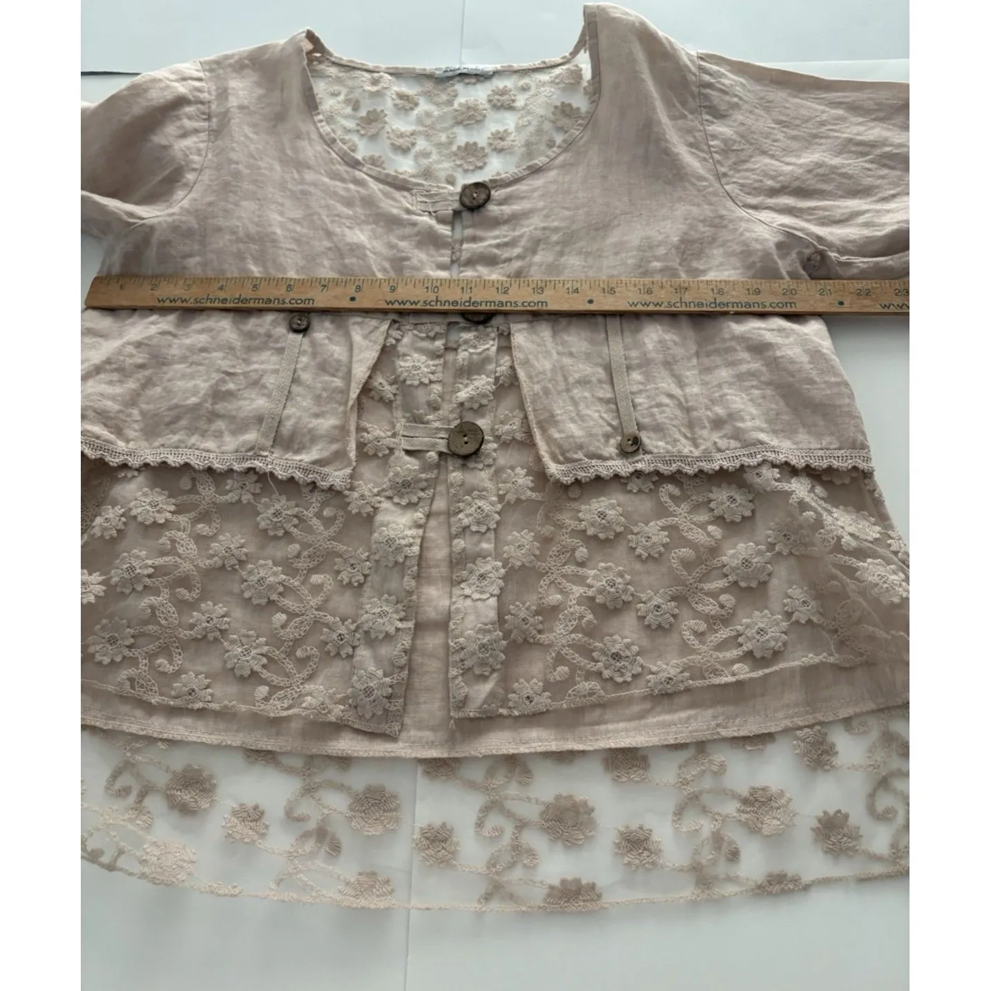 Linen Blouse Jacket Womens XL Blush Pink Lace Detail Boho Fairy Whimsy Coquette - Image 9