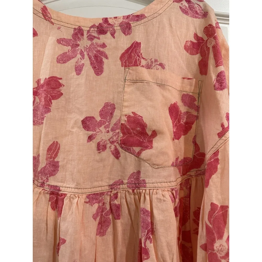 Free People Women's Small Floral Linen Top Peach Combo NWT $98 Pockets - Image 3