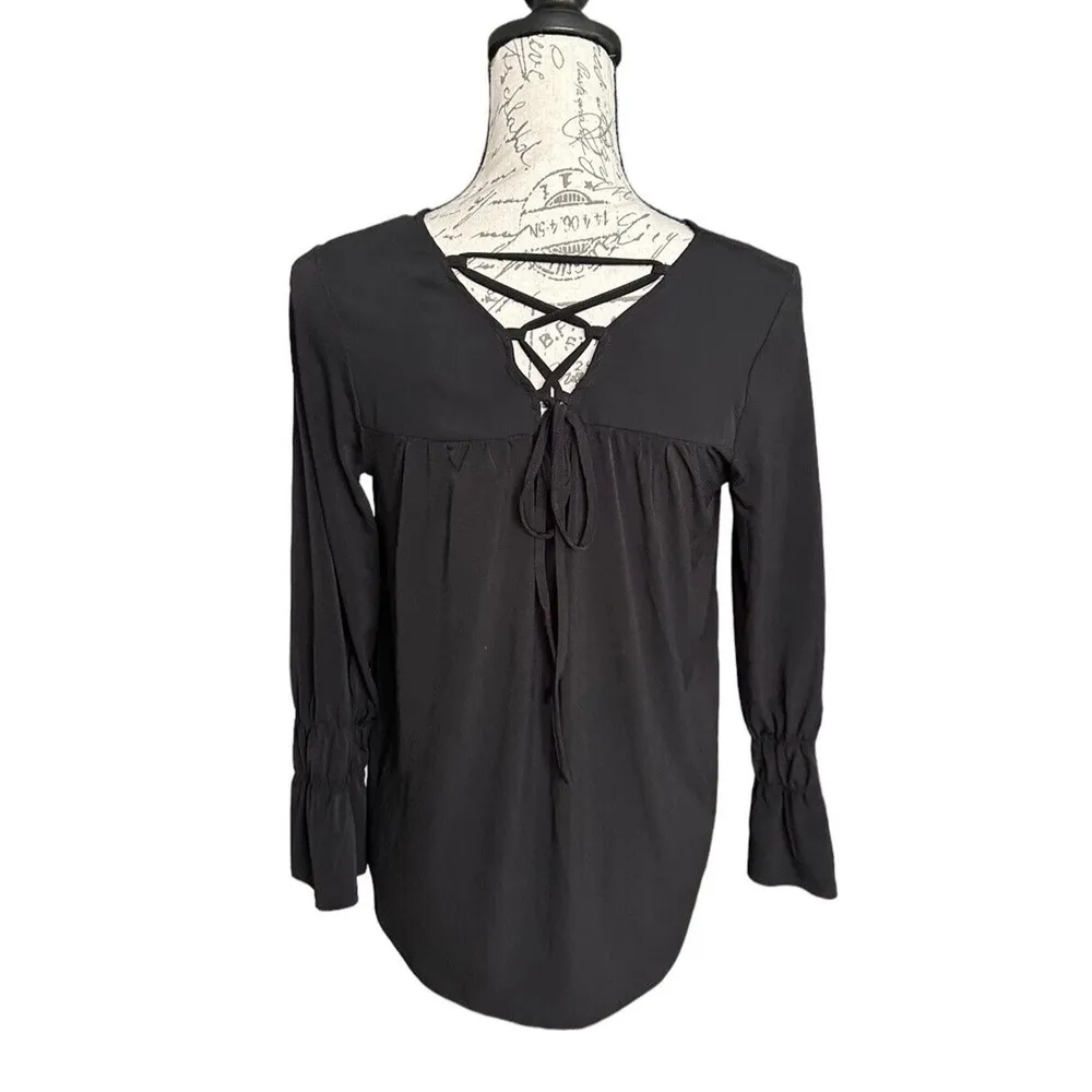 Chico's Long Sleeve Slinky Lattice Back Black Blouse Shirt Top Size 0 Small - Image 3