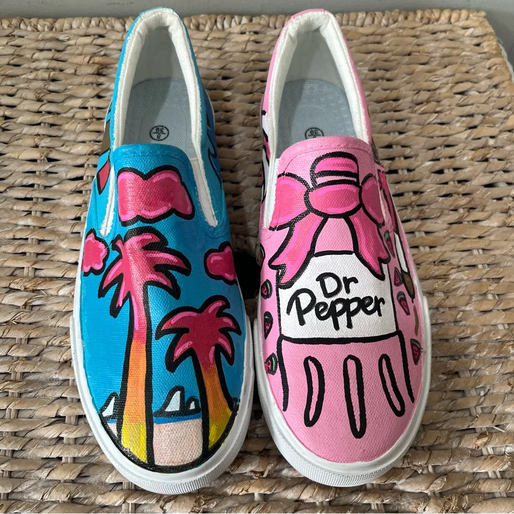 Hand painted shoes slip on Size 8 Dr. Pepper Vacation Watermelon Waves Bags Pink - Image 2