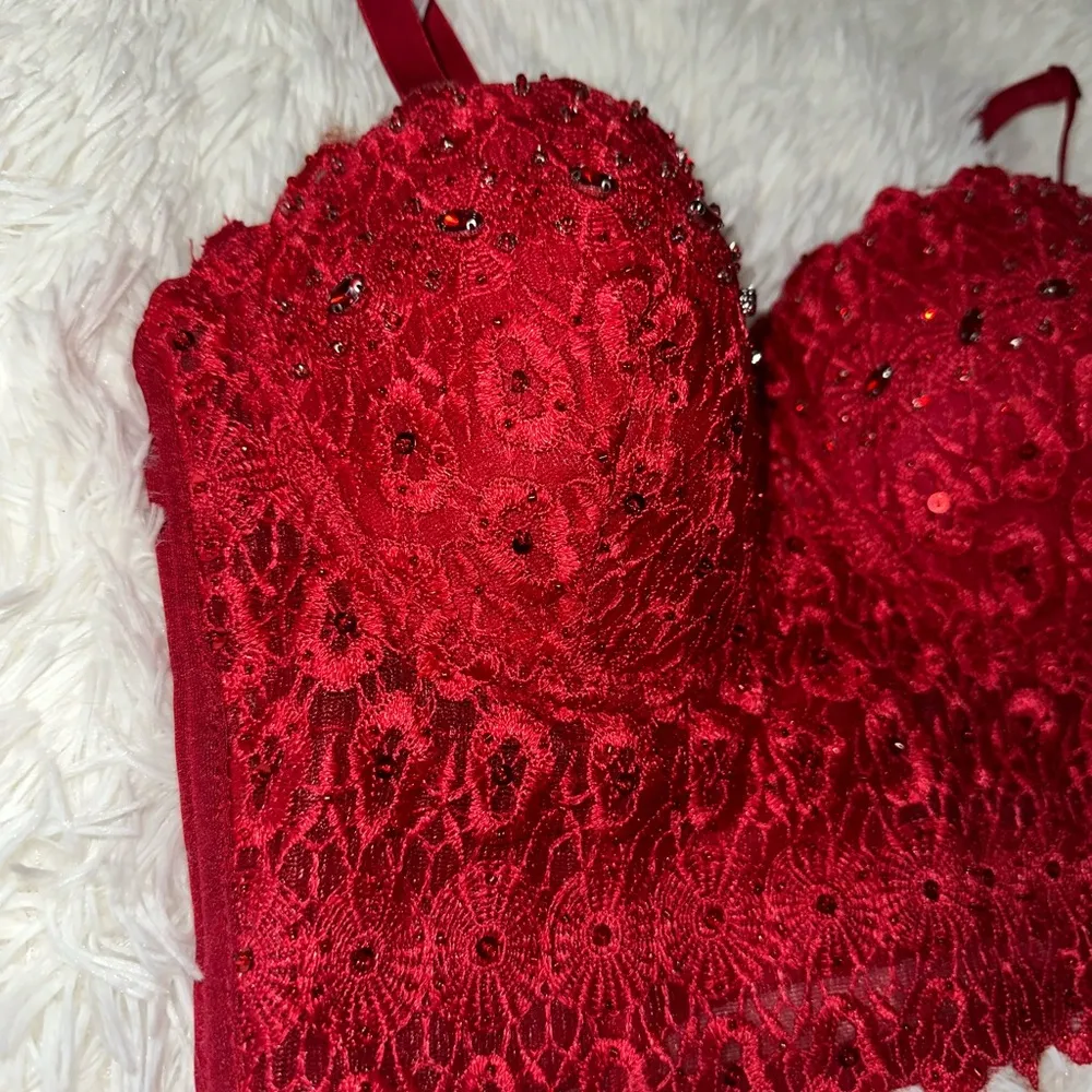 Windsor Red Bejeweled Rhinestone Lace Crop Top Bra Bralette Bodice Corset - Image 2