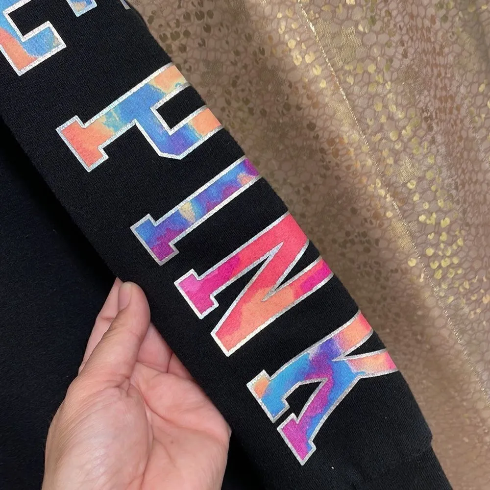 RARE HTF PINK VS watercolor holographic sequin bling black sweatshirt, XS - Image 6